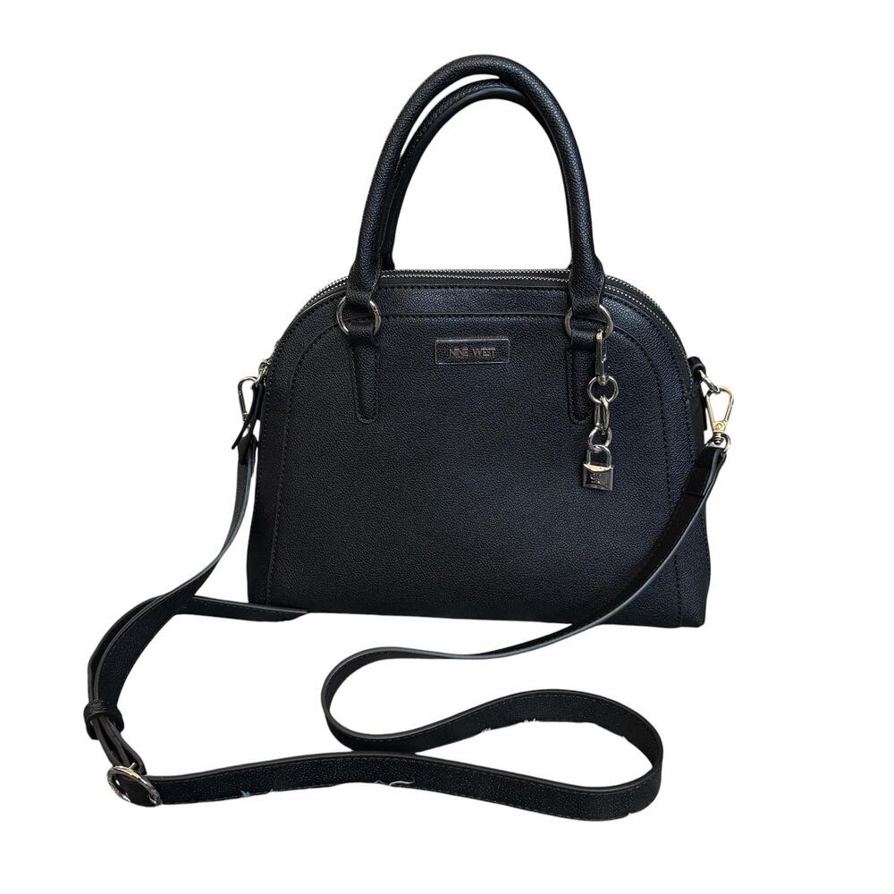 Nine West Satchel Crossbody Bag Womens Small Black Faux Leather Zip Lock Charm
